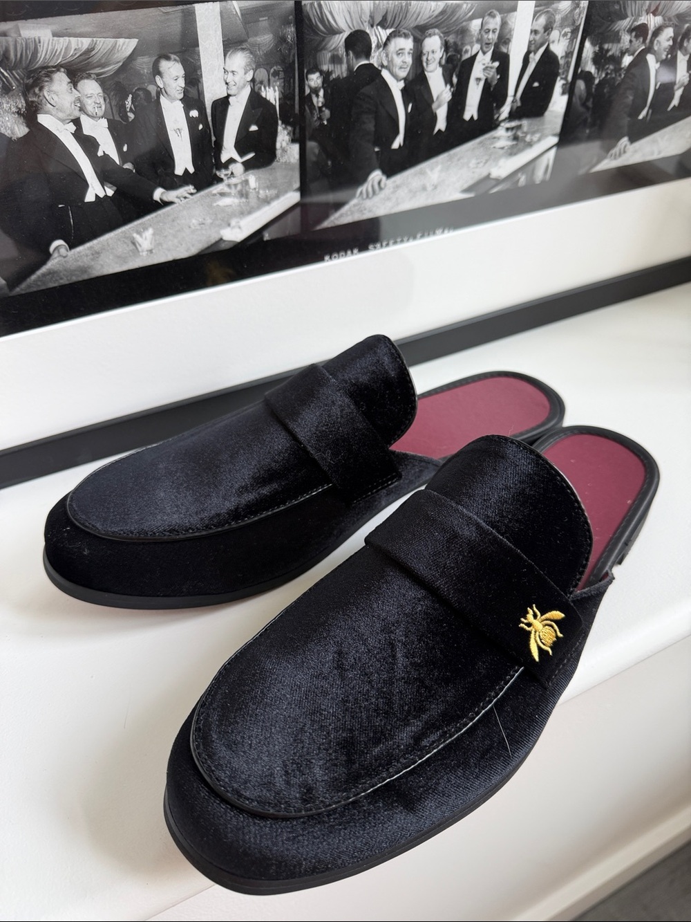 Black Velvet Men’s Slip-On Loafers with Gold Bee Accent Size 14